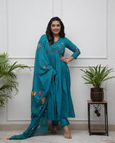 Teal Blue Floral Embroidered Anarkali Suit Set with Dupatta